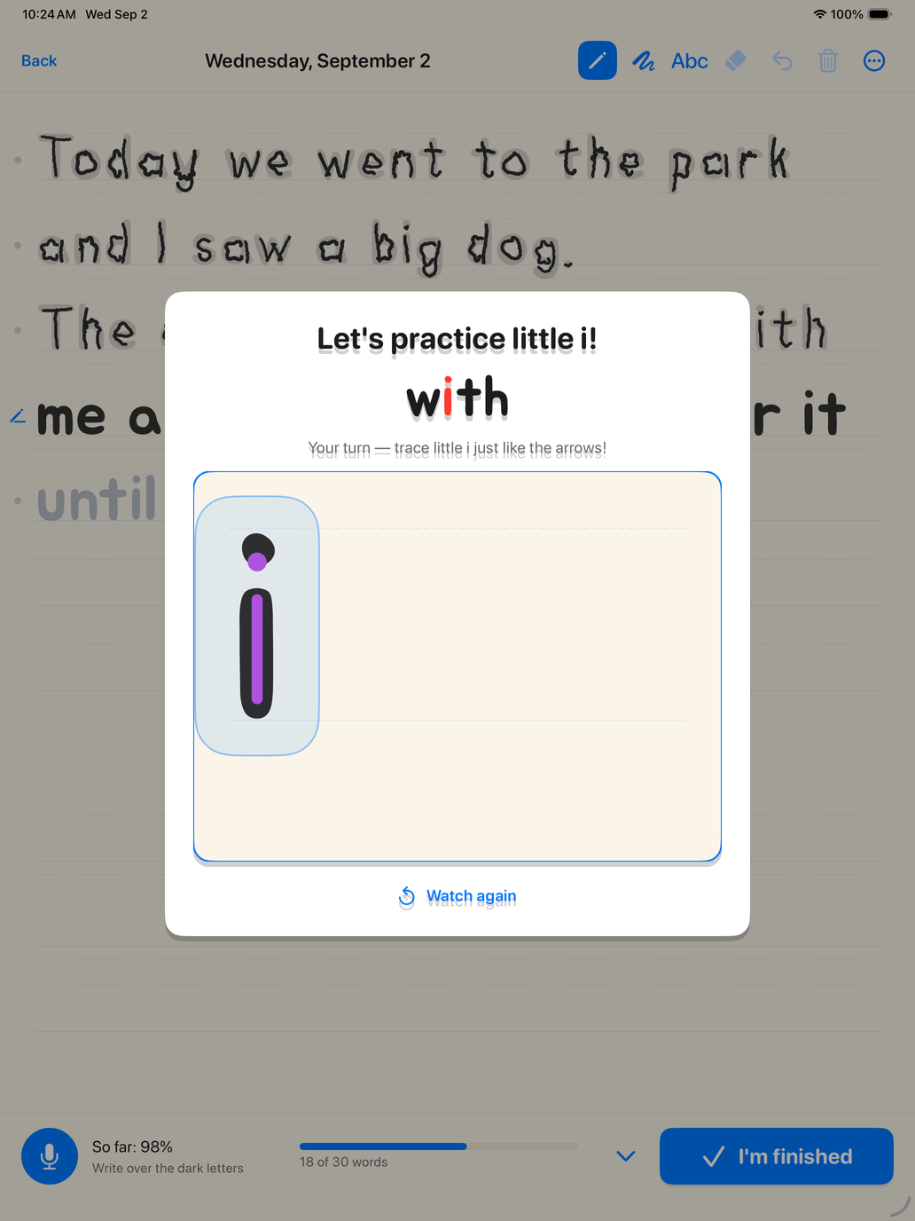 A card over the page: Let's practice little i, with the word shown and the letter drawing itself stroke by stroke