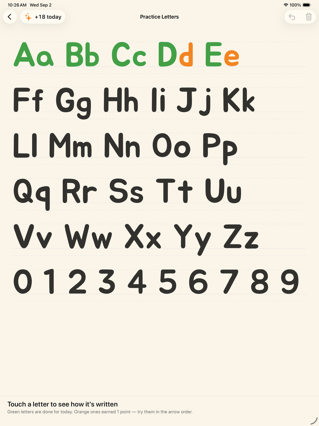 The practice sheet: every letter and numeral on ruled lines, with today's traced letters in green and orange