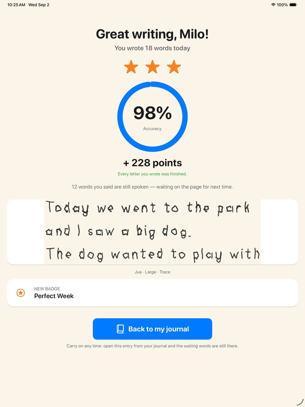 The results screen: Great writing, Milo — three stars, 98 percent accuracy, 228 points, and a new badge